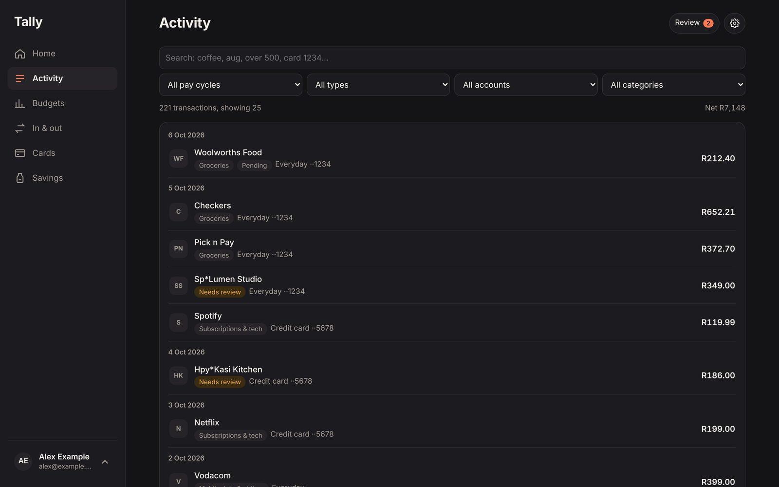 Activity, grouped by day, with search that understands "over 500"