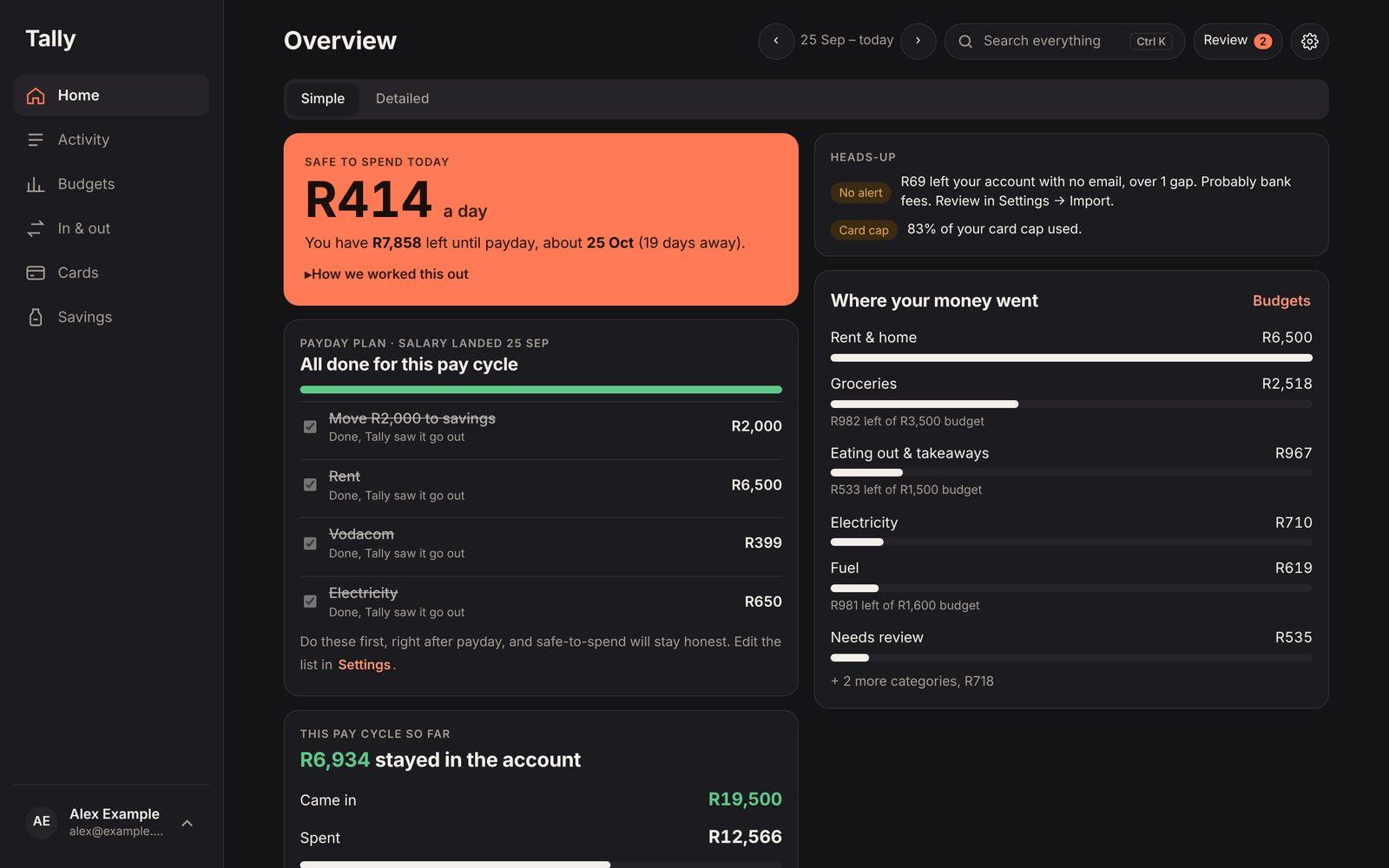 Safe to spend today, the payday plan, where the money went