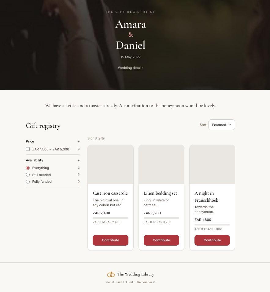 A registry with progress bars and a honeymoon fund