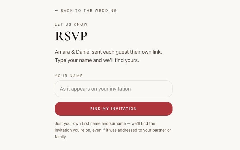 Guests find their invitation by typing their own name